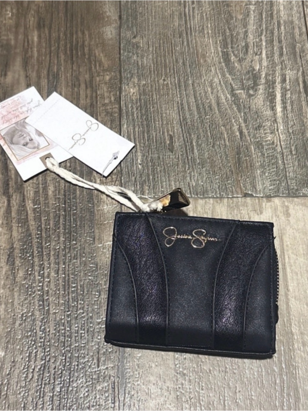 Jessica Simpson Black Small Zip-Around Wallet with Gold Logo